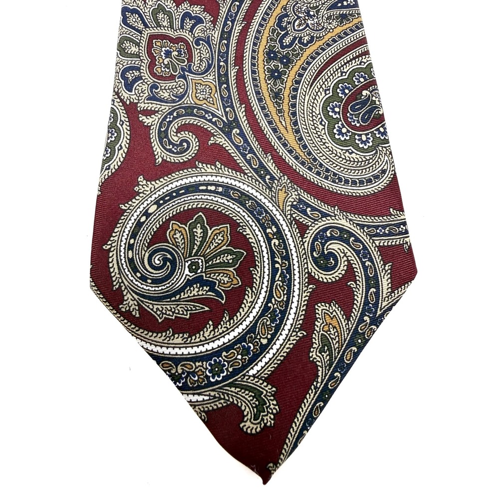 The Custom Shop Mens Paisley Silk Tie Burgundy Navy Blue Gold Green 3.75 Inch